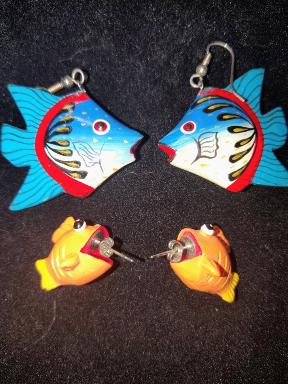 Vintage Tropical Fish Earrings Bundle – Hand‑Painted Wood Dangles & Orange Fish